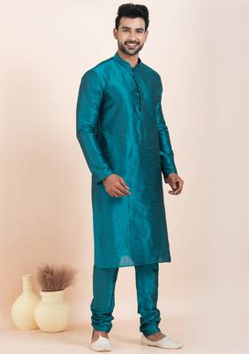 Teal blue banarsi dhupion  silk premium designer festive wear kurta pyjama set 2