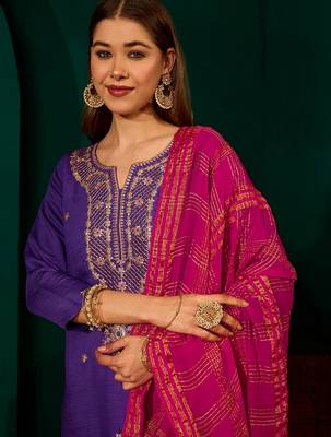 Violet color rich looks silk slub embroidered readymade partywear suit for girl 3