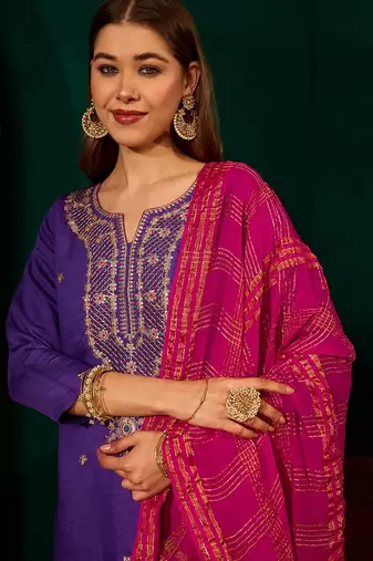 Violet color rich looks silk slub embroidered readymade partywear suit for girl
