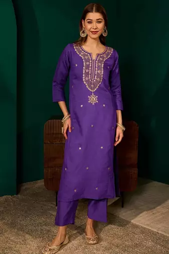 Violet color rich looks silk slub embroidered readymade partywear suit for girl