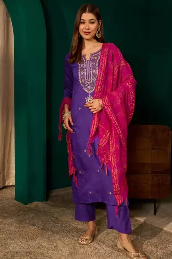 Violet color rich looks silk slub embroidered readymade partywear suit for girl