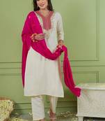 Off white color rich girlie looks silk fabric embroidered readymade partywear suit for girl
