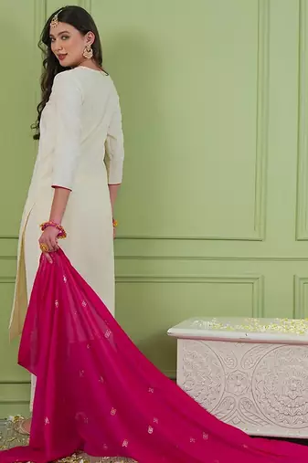 Off white color rich looks silk embroidered readymade partywear suit for girl