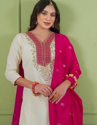 Off white color rich looks silk embroidered readymade partywear suit for girl 3