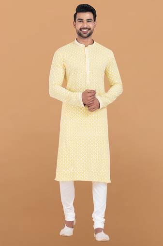 Yellow rayon with sequenc embroidery premium designer festive wear kurta pyjama set