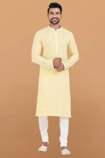 Yellow rayon with sequenc embroidery premium designer festive wear kurta pyjama set