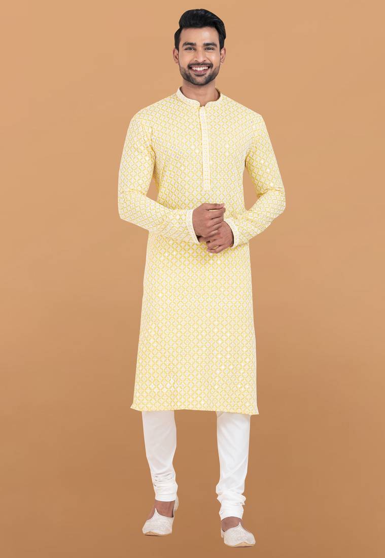 Yellow rayon with sequenc embroidery premium designer festive wear kurta pyjama set
