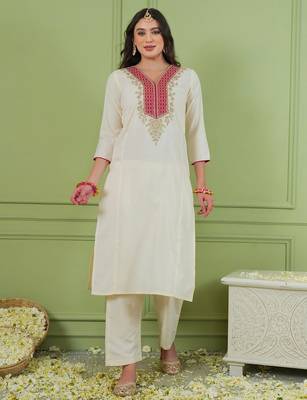 Off white color rich looks silk embroidered readymade partywear suit for girl 4