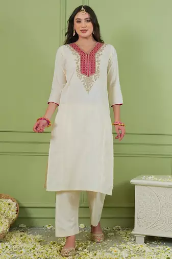 Off white color rich looks silk embroidered readymade partywear suit for girl