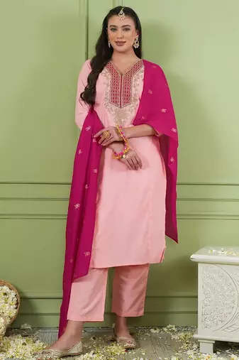 Peach color rich girlie looks silk fabric embroidered readymade partywear suit for girl