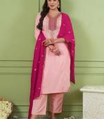 Peach color rich girlie looks silk fabric embroidered readymade partywear suit for girl