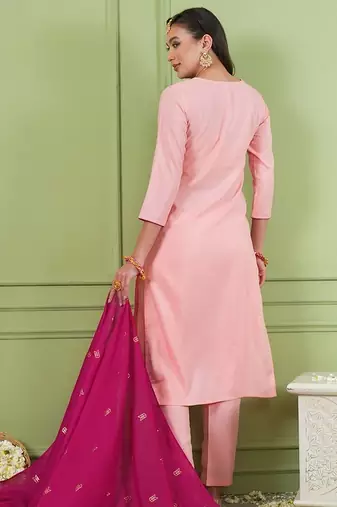 Peach color rich looks silk embroidered readymade partywear suit for girl