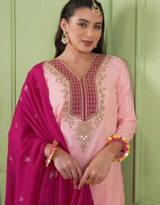 Peach color rich looks silk embroidered readymade partywear suit for girl 3