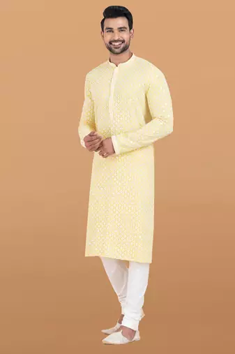 Yellow rayon with sequenc embroidery premium designer festive wear kurta pyjama set