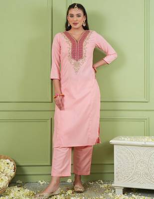 Peach color rich looks silk embroidered readymade partywear suit for girl 4