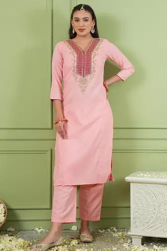 Peach color rich looks silk embroidered readymade partywear suit for girl