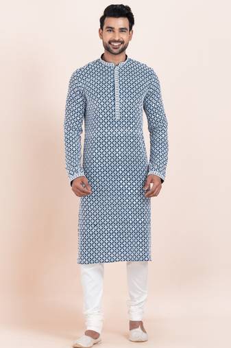 Blue/white rayon with sequenc embroidery premium designer festive wear kurta pyjama set