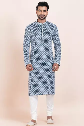 Blue/white rayon with sequenc embroidery premium designer festive wear kurta pyjama set