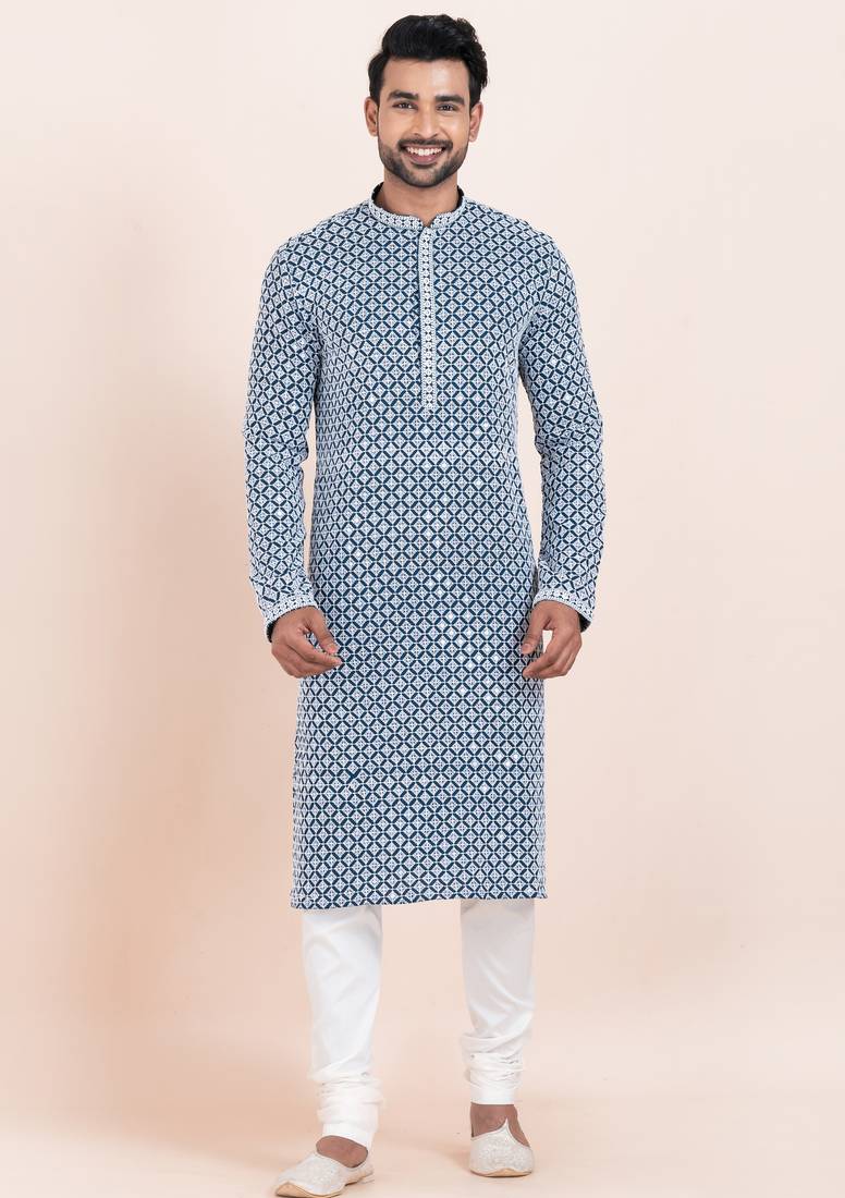 Blue/white rayon with sequenc embroidery premium designer festive wear kurta pyjama set