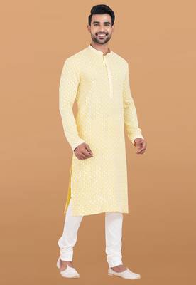 Yellow rayon with sequenc embroidery premium designer festive wear kurta pyjama set 4