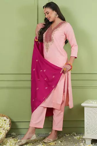 Peach color rich looks silk embroidered readymade partywear suit for girl
