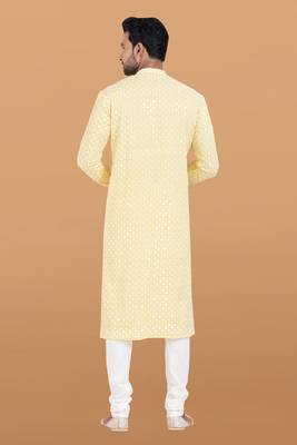 Yellow rayon with sequenc embroidery premium designer festive wear kurta pyjama set 5