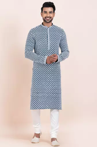 Blue/white rayon with sequenc embroidery premium designer festive wear kurta pyjama set