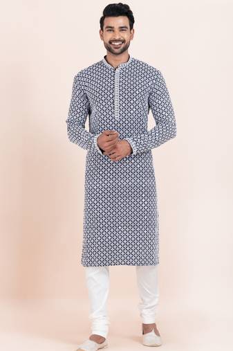 Navy blue/white rayon with sequenc embroidery premium designer festive wear kurta pyjama set