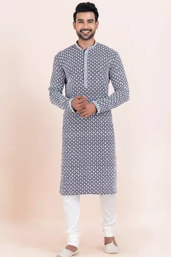 Navy blue/white rayon with sequenc embroidery premium designer festive wear kurta pyjama set