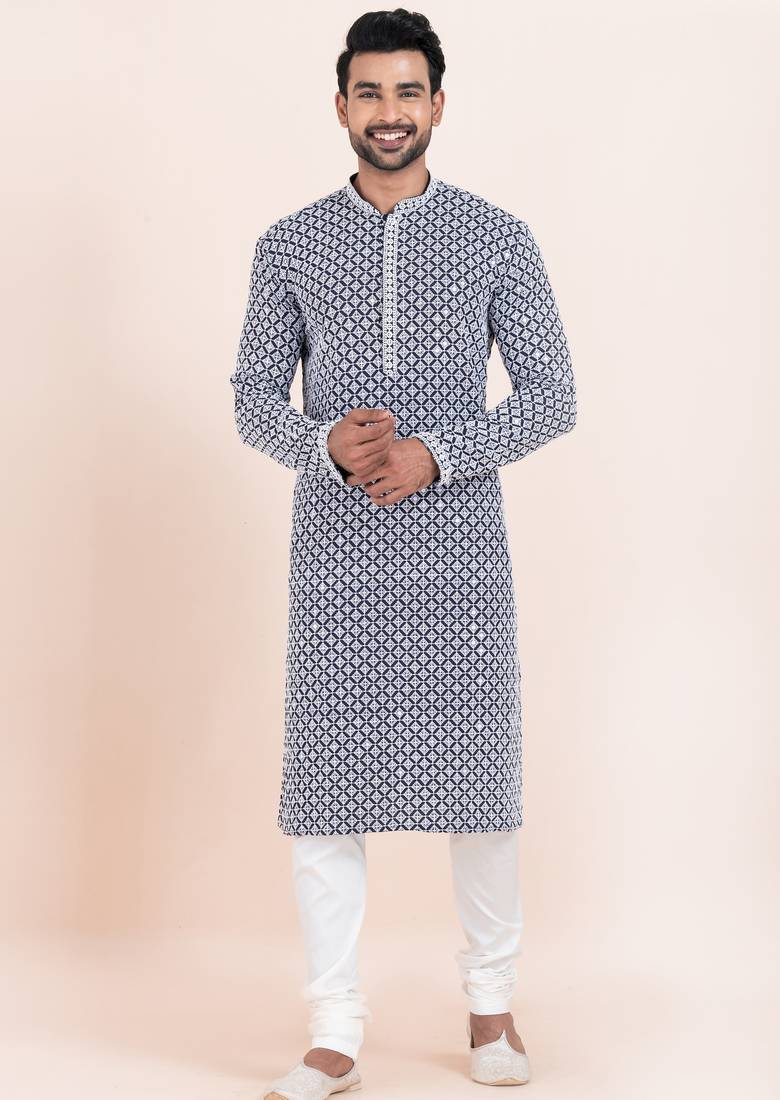 Navy blue/white rayon with sequenc embroidery premium designer festive wear kurta pyjama set