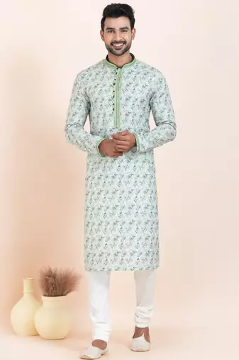 Light Green coton with croset work premium designer festive wear kurta pyjama set