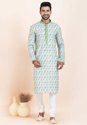 Light Green coton with croset work premium designer festive wear kurta pyjama set 4