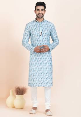 blue coton with croset work premium designer festive wear kurta pyjama set 1