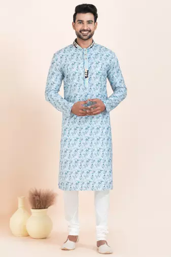 blue coton with croset work premium designer festive wear kurta pyjama set