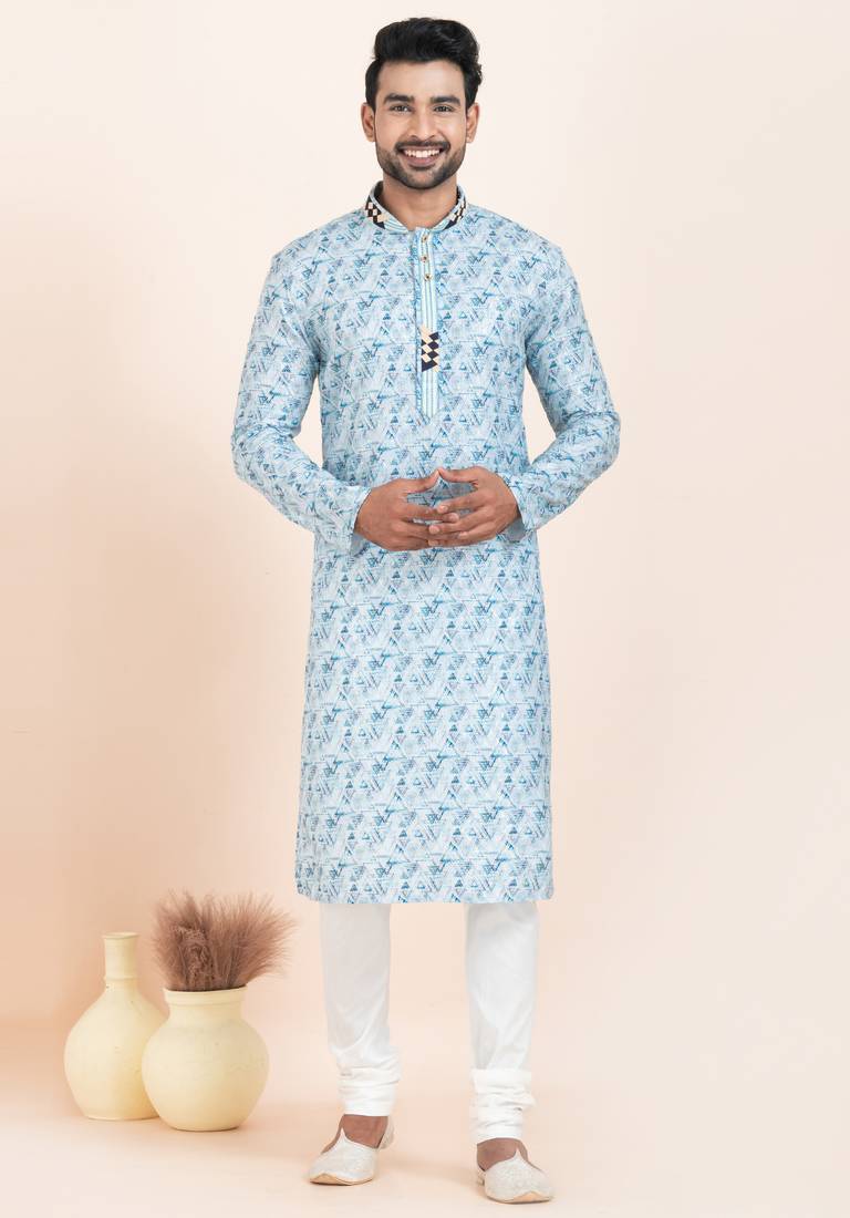 blue coton with croset work premium designer festive wear kurta pyjama set