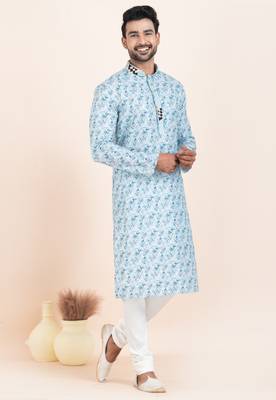 blue coton with croset work premium designer festive wear kurta pyjama set 2