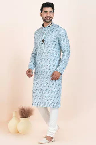 blue coton with croset work premium designer festive wear kurta pyjama set