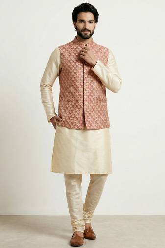 Gold banarasi dupion premium designer festive wear kurta pyjama with jacket set