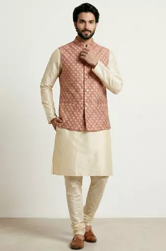 Gold banarasi dupion premium designer festive wear kurta pyjama with jacket set
