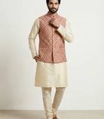 Gold banarasi dupion premium designer festive wear kurta pyjama with jacket set
