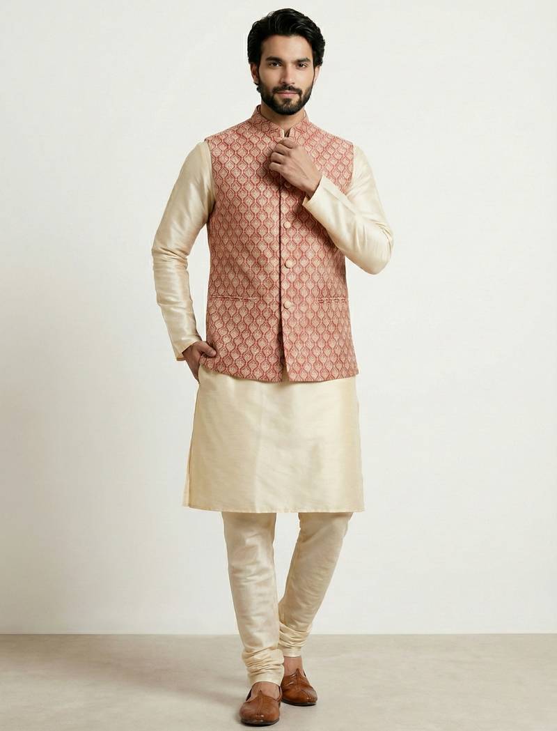 Gold banarasi dupion premium designer festive wear kurta pyjama with jacket set