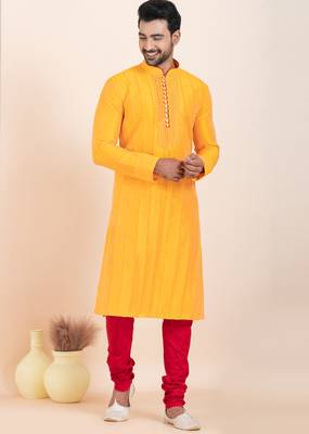 Yellow banarsi dhupion  silk-thread work premium designer festive wear kurta pyjama set 1