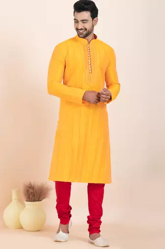 Yellow banarsi dhupion  silk-thread work premium designer festive wear kurta pyjama set