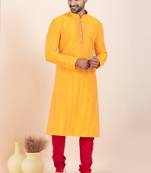 Yellow banarsi dhupion  silk-thread work premium designer festive wear kurta pyjama set