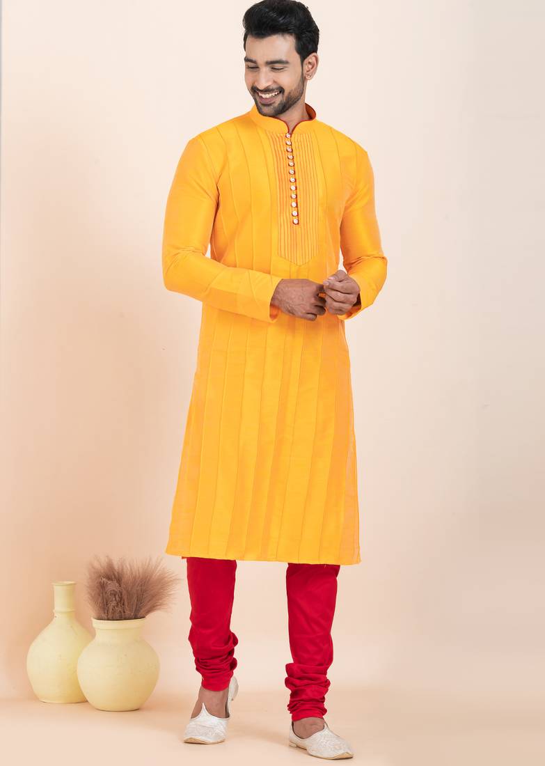 Yellow banarsi dhupion  silk-thread work premium designer festive wear kurta pyjama set