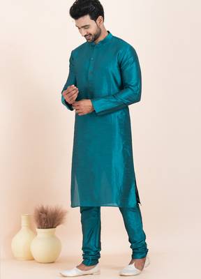 Teal blue banarsi dhupion  silk premium designer festive wear kurta pyjama set 3