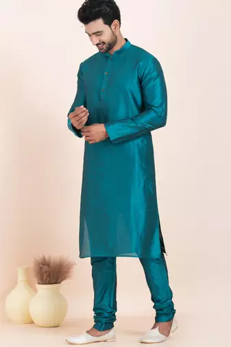 Teal blue banarsi dhupion  silk premium designer festive wear kurta pyjama set