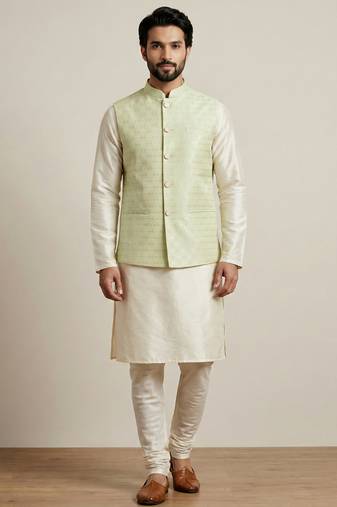 Beige banarasi dupion premium designer festive wear kurta pyjama with jacket set