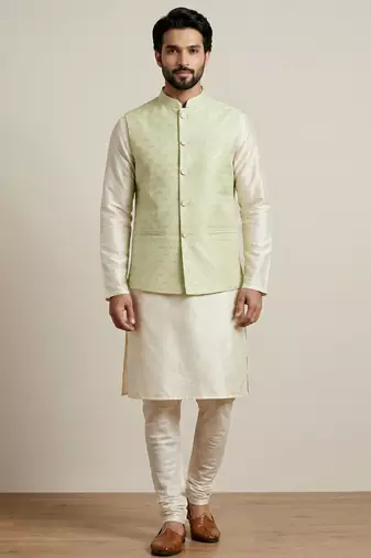 Beige banarasi dupion premium designer festive wear kurta pyjama with jacket set