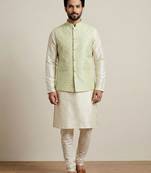 Beige banarasi dupion premium designer festive wear kurta pyjama with jacket set